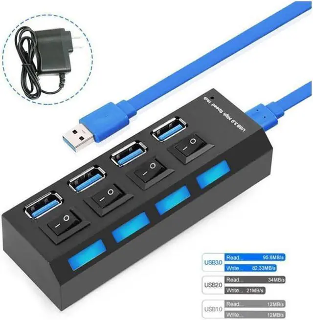 Alt view image 2 of 7 - 4 Ports USB 3.0 Hub, Portable SuperSpeed USB 3.0 Hub, Individual On/Off Switches LED, USB Extension Multi-function USB Dock Hot Swapping Support, Come with US AC Power Plug