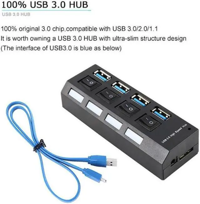 Alt view image 5 of 7 - 4 Ports USB 3.0 Hub, Portable SuperSpeed USB 3.0 Hub, Individual On/Off Switches LED, USB Extension Multi-function USB Dock Hot Swapping Support, Come with US AC Power Plug
