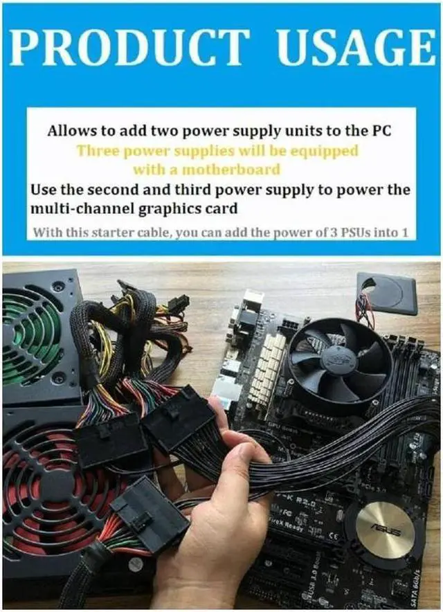 Alt view image 3 of 7 - Dual PSU Adapter Power Cables for ATX Motherboard 24Pin to 24(20+4) Pin Adapter SATA Cables 18AWG - 1FT Black