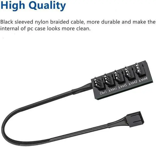 Alt view image 6 of 7 - PWM Fan Hub 2 Pack PC Fan Splitter 5 Way Sleeved Power Supply Cable Adapter Internal Motherboard Fan Power Extension Cable Cord for Computer Cooler Case 4-Pin and 3-Pin Fans 17.7inch