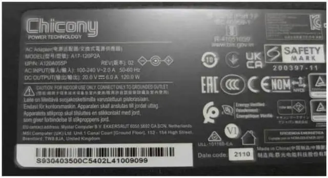 Alt view image 2 of 2 - 20V 6A 120W 4.5x3.0mm Chicony A17-120P2A A12A055P THIN Power Supply AC Adapter For MSI CF63 MS-16R5 Laptop Charger