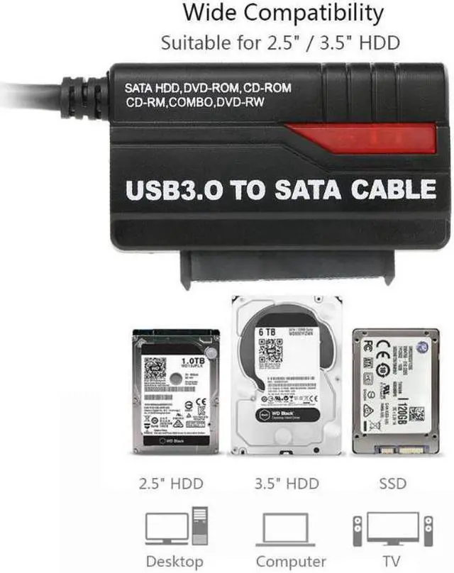 Alt view image 6 of 6 - USB 3.0 to SATA Adapter Hard Drive Converter Cable for 2.5" 3.5" SSD HDD with Power Supply Cable 12V 2A for PC Laptop desktop