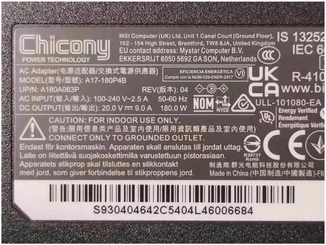 Alt view image 2 of 2 - Chicony 20V 9A 180W A17-180P4B A180A063P Power Supply AC Adapter For MSI GF66 GF75 CREATOR Z16 A11UET Laptop Charger