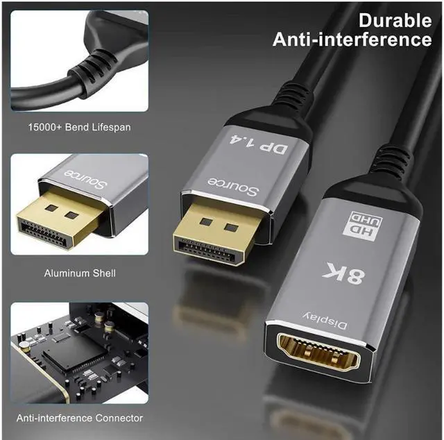 Alt view image 7 of 7 - CableDeconn DisplayPort 1.4 to HDMI 2.1 Ultra HD 8K Male to Female Cable 0.25m Converter 8K@60Hz 4K@120Hz Directional Compatible with DisplayPort PC and HDMI Displays Tvs