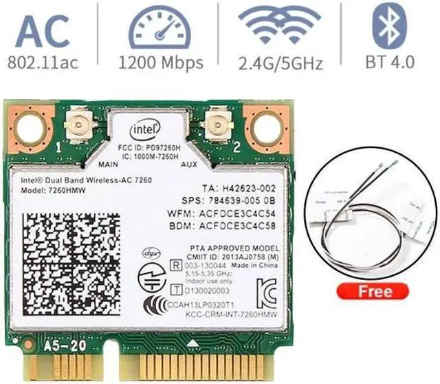 Main image of Dual Band AC1200 7260HMW 7260AC Wireless 2X2 Mini PCI-E Wi-Fi Network Card, Bluetooth 4.0, Up to 867Mbps (5Ghz) + 300Mbps (2.4Ghz), IEEE802.11ac/a/b/g/n, Windows 7/8/10 For Laptop PC