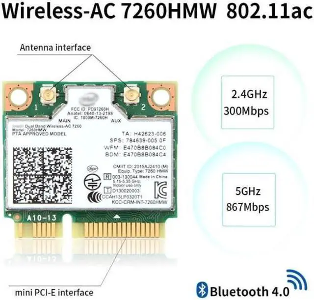 Alt view image 2 of 4 - Dual Band AC1200 7260HMW 7260AC Wireless 2X2 Mini PCI-E Wi-Fi Network Card, Bluetooth 4.0, Up to 867Mbps (5Ghz) + 300Mbps (2.4Ghz), IEEE802.11ac/a/b/g/n, Windows 7/8/10 For Laptop PC
