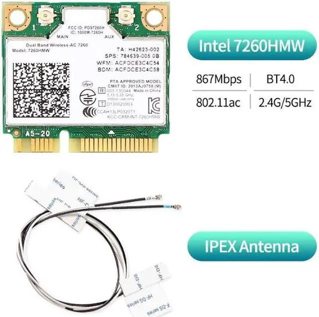 Alt view image 3 of 4 - Dual Band AC1200 7260HMW 7260AC Wireless 2X2 Mini PCI-E Wi-Fi Network Card, Bluetooth 4.0, Up to 867Mbps (5Ghz) + 300Mbps (2.4Ghz), IEEE802.11ac/a/b/g/n, Windows 7/8/10 For Laptop PC