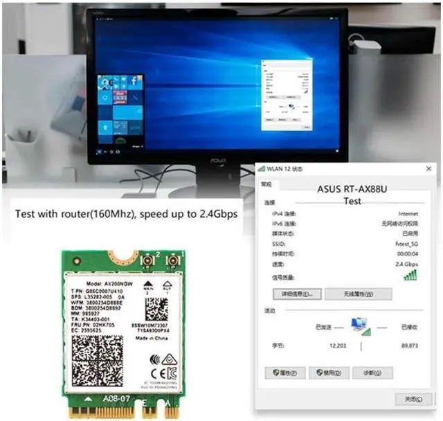 Alt view image 5 of 6 - 3000Mbps WiFi 6 Intel AX200 Bluetooth 5.1 M.2 Key E Card IPEX4 Antennas, Wireless AX200NGW Dual Band 2.4Ghz/5Ghz 802.11ac/ax WiFi Network Adapter, Support Windows 10 Linux For Laptop Desktop PC