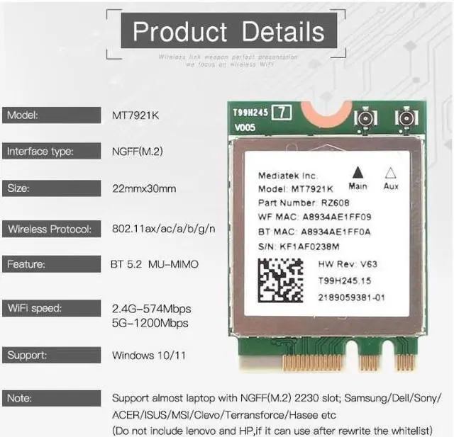 Alt view image 2 of 7 - Wi-Fi 6E MediaTek MT7921k Desktop Kit Tri band 1800Mbps Bluetooth 5.2 Wireless Card 802.11AX 6DBi Antennas Windows 10 / 11