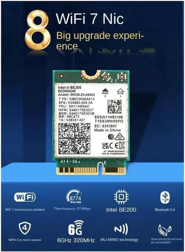 Alt view image 4 of 7 - New Wi-Fi 7 Intel BE200 Bluetooth 5.4 Wifi Card BE200NGW 2.4/ 5/ 6 GHz 5.8 Gbps For Windows 10/11 PC Laptop With Antennas