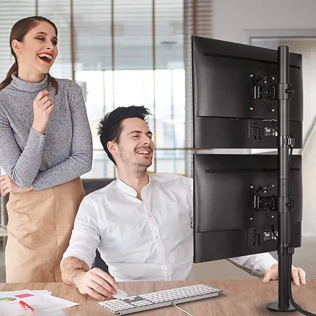Alt view image 7 of 7 - Dual Monitor Stand Vertical Stack Screen Support Two 17 to 32 Inch Computer Monitors with C Clamp Grommet Base