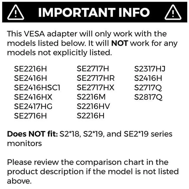 Alt view image 2 of 6 - VESA Mount Adapter for Dell SE2416HX SE2717HX SE2717H S2216M S2216H SE2716H SE2216H S2817Q SE2417HG S2316M S2316H SE2416H SE2717HR and More