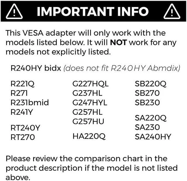 Alt view image 2 of 6 - VESA Mount Adapter Bracket for Acer Monitors R240HY bidx SB220Q SB270 SB230 RT240Y RT270 R221Q R231bmid R241Y G227HQL G237HL G247HYL G257HLHU SA240Y SA220Q SA230 | Patent Pending