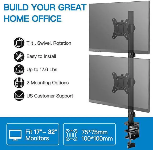 Alt view image 2 of 7 - Dual Monitor Stand Vertical Stack Screen Support Two 17 to 32 Inch Computer Monitors with C Clamp Grommet Base