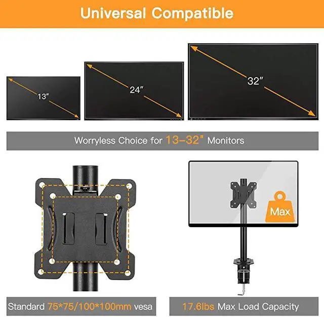 Alt view image 2 of 7 - Monitor Mount for 1332 Computer Screens Improved LCDLED Monitor Riser HeightAngle Adjustable Single Desk Mount StandHolds up to 176lbs Black EGCM12