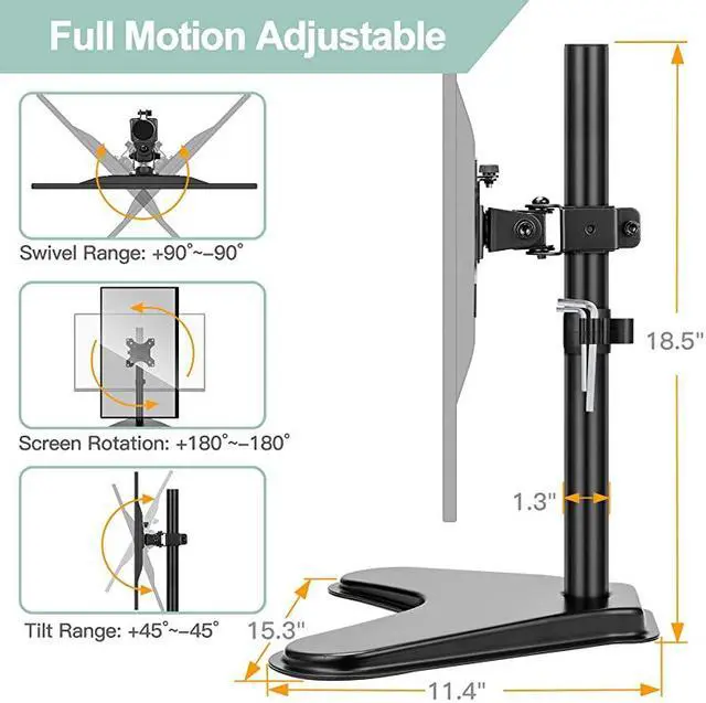 Alt view image 2 of 6 - Single Monitor Stand Free Standing Full Motion Desk Mount Riser fits 13 to 32 inch Screens with Adjustable Height Tilt Swivel Rotation