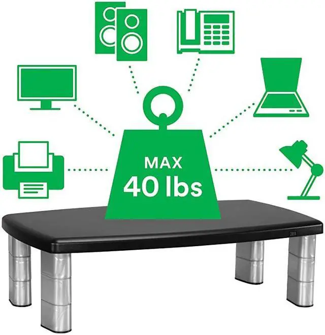 Alt view image 4 of 7 - Extra Wide Adjustable Monitor Stand Three Leg Segments Simply Adjust Height from 1 to 5 78 Sturdy Platform Holds Up to 40 lbs 16inch Space Between Columns for Storage SilverBlack MS90B