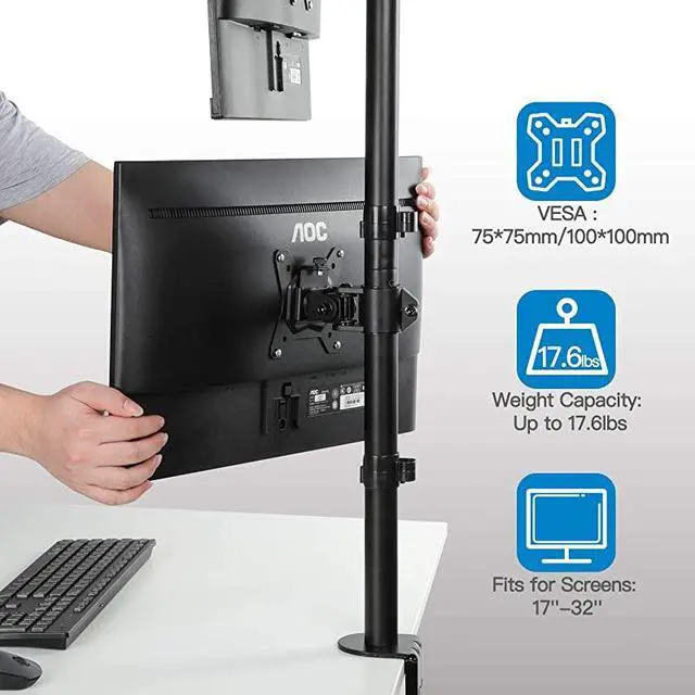 Alt view image 4 of 7 - Dual Monitor Stand Vertical Stack Screen Support Two 17 to 32 Inch Computer Monitors with C Clamp Grommet Base