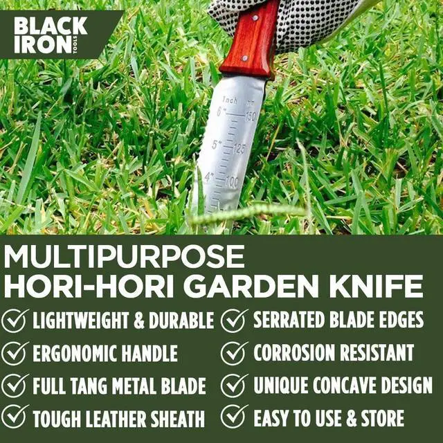 Alt view image 3 of 5 - Black Iron Hori Hori Garden Knife [7 Inches, Japanese Stainless Steel] Durable Gardening Tool for Weeding, Digging, Cutting & Planting with Leather Sheath and Sharpening Stone
