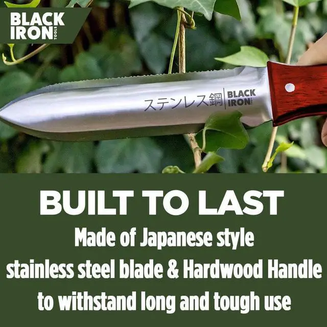 Alt view image 4 of 5 - Black Iron Hori Hori Garden Knife [7 Inches, Japanese Stainless Steel] Durable Gardening Tool for Weeding, Digging, Cutting & Planting with Leather Sheath and Sharpening Stone