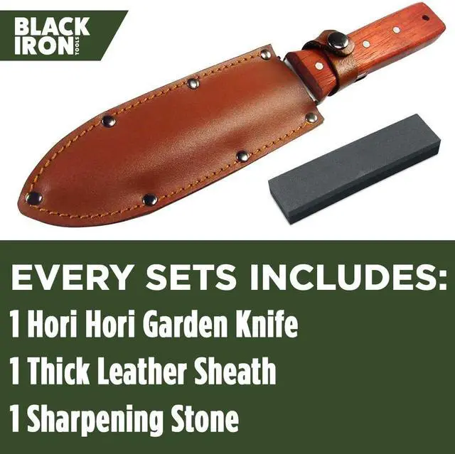 Alt view image 5 of 5 - Black Iron Hori Hori Garden Knife [7 Inches, Japanese Stainless Steel] Durable Gardening Tool for Weeding, Digging, Cutting & Planting with Leather Sheath and Sharpening Stone