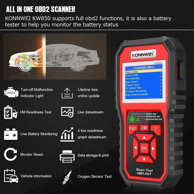 Alt view image 2 of 7 - KW850 Professional OBD2 Scanner Auto Code Reader Diagnostic Check Engine Light Scan Tool for OBD II Cars After 1996(Original)