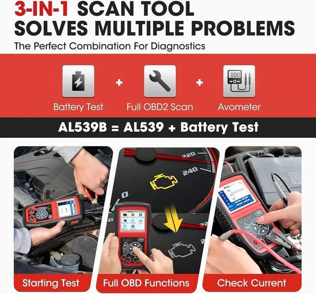 Alt view image 3 of 7 - Autel AL539B OBD2 Scanner, 3-in-1 Code Reader Battery Tester Avometer for 12 Volts Batteries, Full OBDII Diagnosis and Circuit Starting & Charging Systems Test, All Enhanced Ver. of AL519 AL539