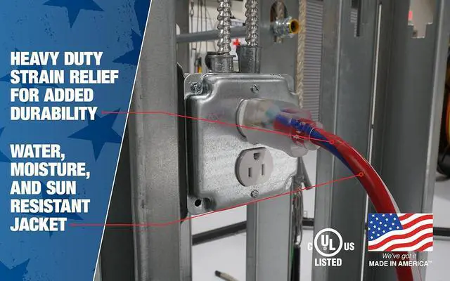 Alt view image 4 of 7 - Southwire Extension Cord - Built for Outdoor & Indoor Power Use with Contractor-Grade Durability - Heavy-Duty SJTW Jacket - UL Certified - 12/3 SJTW - Red/White/Blue - 100 Foot