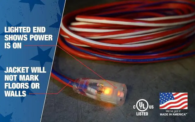 Alt view image 5 of 7 - Southwire Extension Cord - Built for Outdoor & Indoor Power Use with Contractor-Grade Durability - Heavy-Duty SJTW Jacket - UL Certified - 12/3 SJTW - Red/White/Blue - 100 Foot