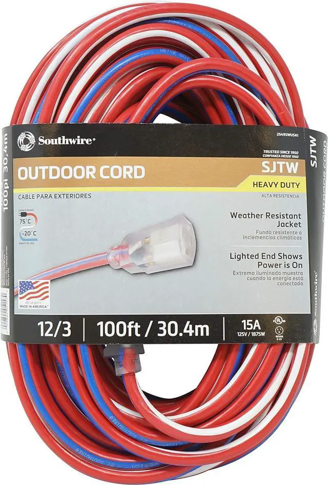 Main image of Southwire Extension Cord - Built for Outdoor & Indoor Power Use with Contractor-Grade Durability - Heavy-Duty SJTW Jacket - UL Certified - 12/3 SJTW - Red/White/Blue - 100 Foot