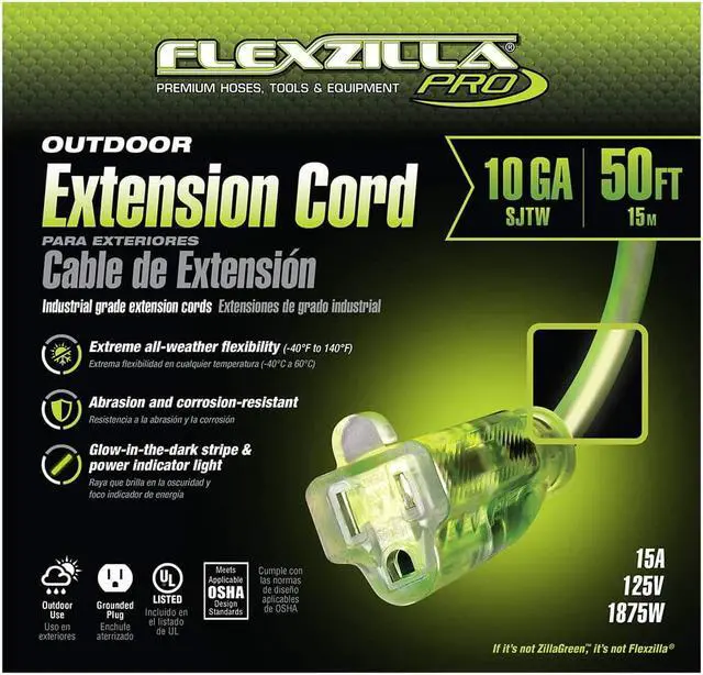Alt view image 5 of 8 - Flexzilla Pro Extension Cord 10/3 AWG SJTW 50ft Outdoor Lighted Plug