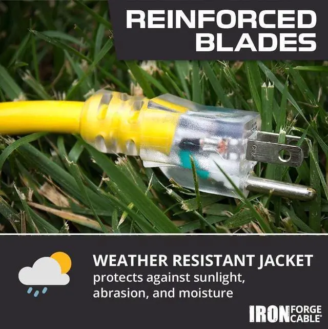 Alt view image 6 of 7 - Iron Forge Cable Weatherproof 25 Ft Outdoor Extension Cord - 14/3 SJTW 15 Amp Heavy Duty Yellow Extension Cord 3 Prong - Lighted End