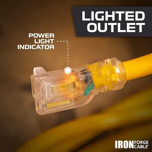 Alt view image 3 of 7 - Iron Forge Cable Weatherproof 25 Ft Outdoor Extension Cord - 14/3 SJTW 15 Amp Heavy Duty Yellow Extension Cord 3 Prong - Lighted End