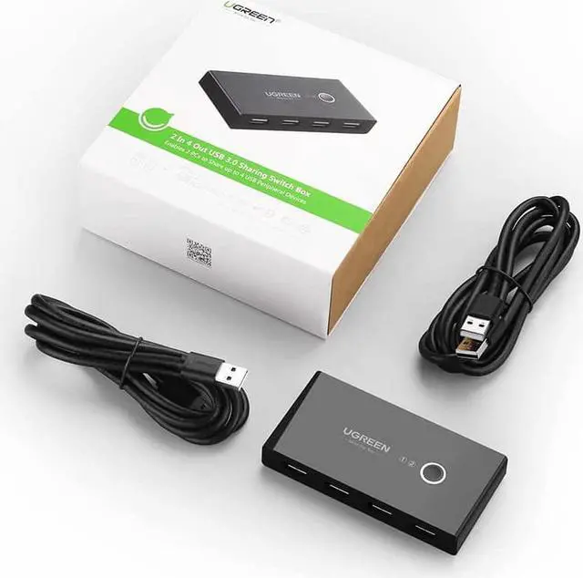 Alt view image 7 of 7 - UGREEN USB Switch Selector KVM Switch 2 Computers Sharing 4 USB Devices USB 2.0 Peripheral Switcher Box Hub for Mouse Keyboard Scanner Printer PCs with One-Button Swapping and 2 Pack USB A to A Cable