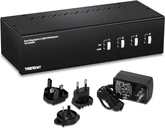 Main image of TRENDnet 4-Port Dual Monitor DisplayPort KVM Switch With Audio, 2-Port USB 2.0 Hub, 4K UHD Resolution Up To 3840 x 2160, Connect 4 DisplayPort Monitors, Dual Monitor 4 Port KVM Switch, Black, TK-440DP