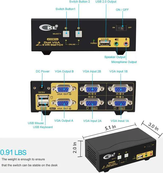 Alt view image 3 of 7 - CKL VGA KVM Switch 2 Port Dual Monitor Extended Display (CKL-822UA)