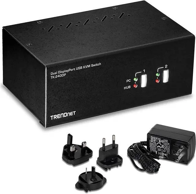 Main image of TRENDnet 2-Port Dual Monitor DisplayPort KVM Switch with Audio, 2-Port USB 2.0 Hub, 4K UHD Resolutions Up to 3840 x 2160, Connect Two DisplayPort Monitors, Dual Monitor KVM Switch, Black, TK-240DP
