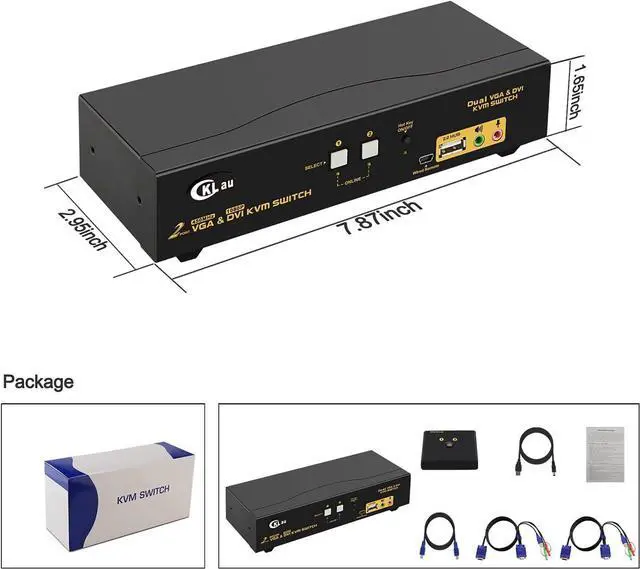 Alt view image 7 of 8 - CKLau 2 Port Dual Monitor KVM DVI + VGA Extended Display with Audio, Microphone, USB 2.0 Hub and Cables