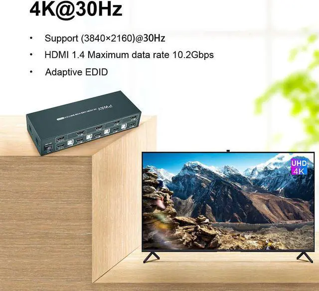 Alt view image 2 of 6 - 4 Port KVM Switch HDMI Dual Monitor Extended Display, 4K@30Hz 2 USB 2.0 Hub, Wireless Keyboard & Mouse and Hotkey Switch Supported, 4 in 2 Out, Powered by USB