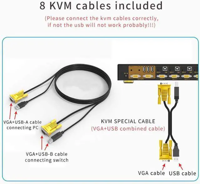 Alt view image 4 of 7 - VGA KVM Switch 8 Port in 2 Out Switcher 8x2 Supports Basic Keyboard and Mouse Audio USB 2.0 Devices Sha 8 Computers