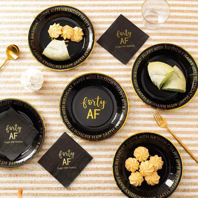 Alt view image 2 of 6 - Crisky 40th Birthday Black and Gold Plates for Decorations - Dessert, Buffet, Cake, Lunch, Dinner - Party Supplies, Forty, Happy Birthday! 50 Count, 9" Plate