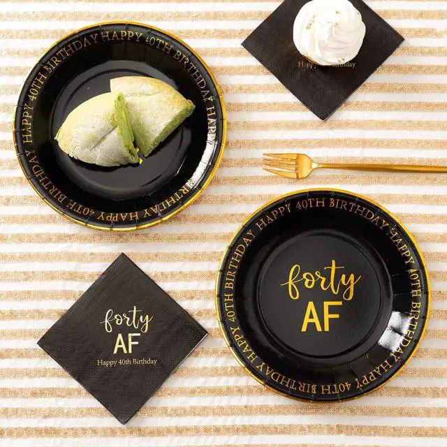 Alt view image 3 of 6 - Crisky 40th Birthday Black and Gold Plates for Decorations - Dessert, Buffet, Cake, Lunch, Dinner - Party Supplies, Forty, Happy Birthday! 50 Count, 9" Plate