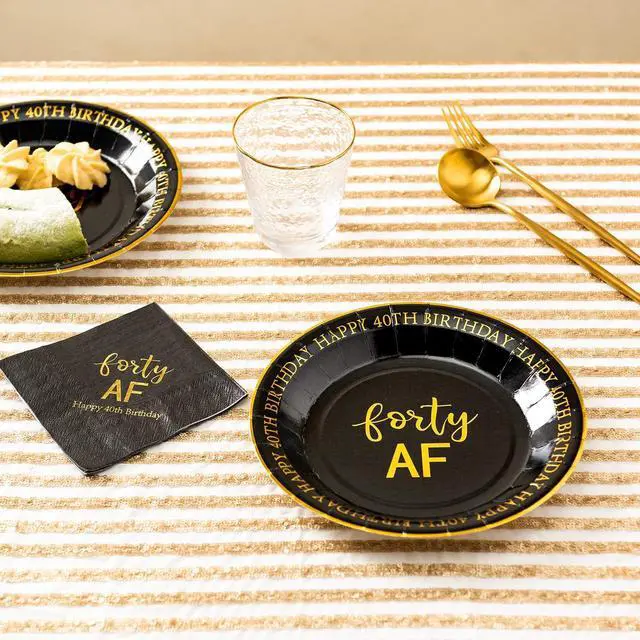 Alt view image 4 of 6 - Crisky 40th Birthday Black and Gold Plates for Decorations - Dessert, Buffet, Cake, Lunch, Dinner - Party Supplies, Forty, Happy Birthday! 50 Count, 9" Plate