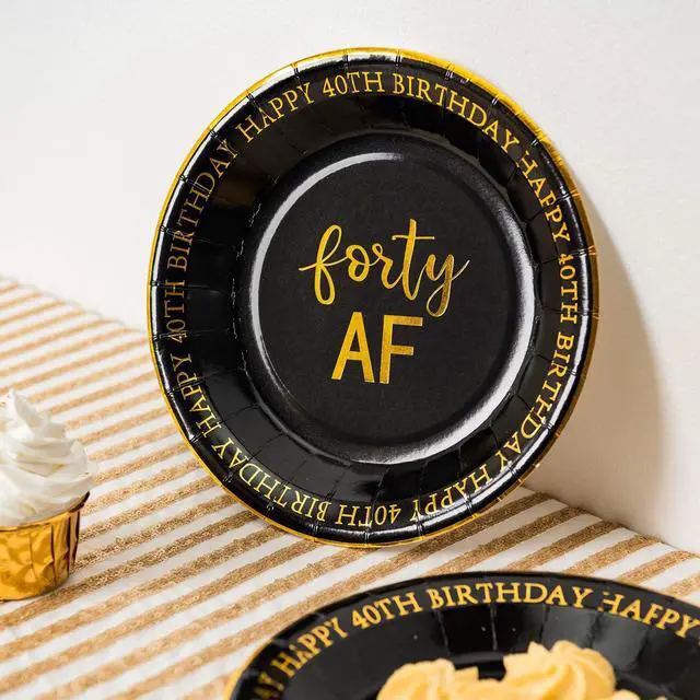 Alt view image 5 of 6 - Crisky 40th Birthday Black and Gold Plates for Decorations - Dessert, Buffet, Cake, Lunch, Dinner - Party Supplies, Forty, Happy Birthday! 50 Count, 9" Plate
