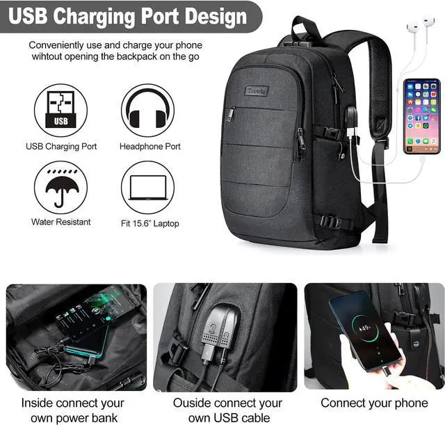 Alt view image 2 of 6 - Tzowla Laptop Travel Slim School Backpack Water Resistant Anti-Theft Bag with USB Charging Port and Lock 15.6 Inch Computer Business Backpacks for Men Women College Student Gift,Bookbag Casual Daypack