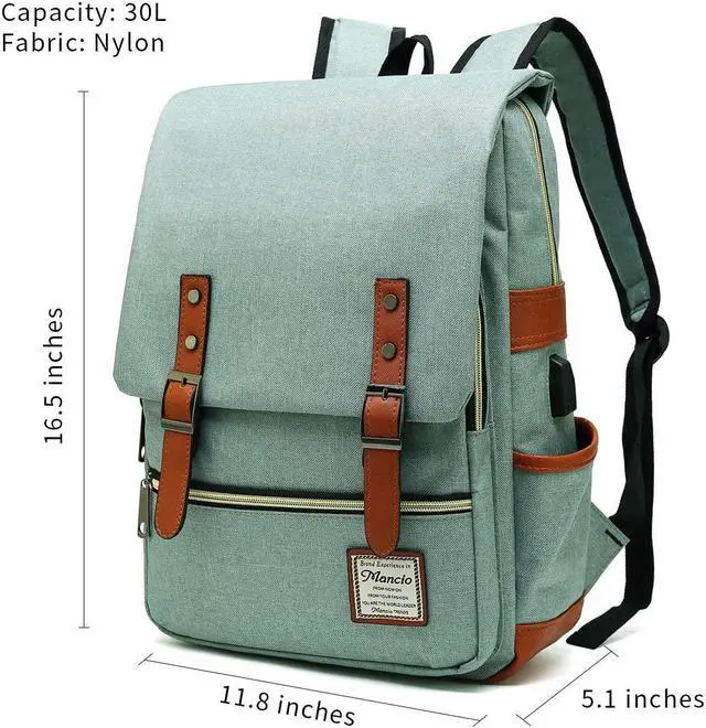 Alt view image 2 of 5 - Mancio Vintage Laptop Backpack with USB Charging Port, Slim Tear Resistant Business Backpack for Travelling, College, Casual Daypacks for Men,Women, Fits up to 15.6Inch Notebook, Green