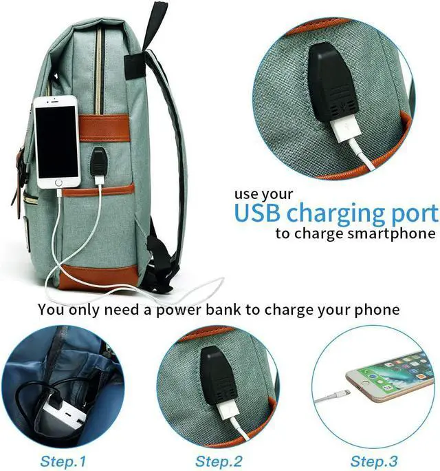 Alt view image 5 of 5 - Mancio Vintage Laptop Backpack with USB Charging Port, Slim Tear Resistant Business Backpack for Travelling, College, Casual Daypacks for Men,Women, Fits up to 15.6Inch Notebook, Green