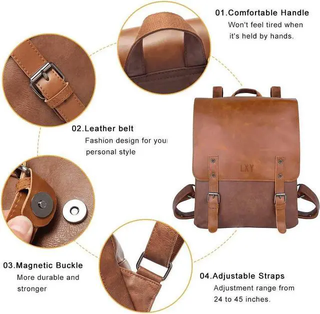 Alt view image 2 of 6 - LXY Vegan Leather Backpack Vintage Laptop Bookbag for Women Men, Brown Faux Leather Backpack Purse Bookbag Weekend Travel Daypack