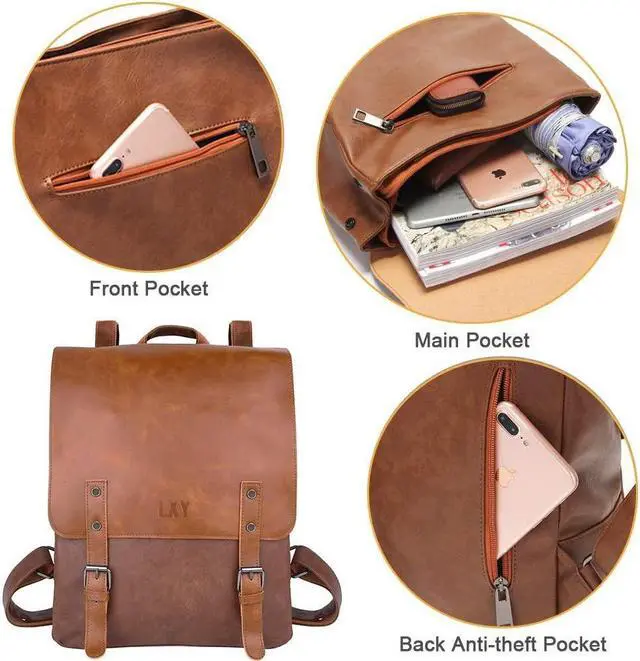 Alt view image 4 of 6 - LXY Vegan Leather Backpack Vintage Laptop Bookbag for Women Men, Brown Faux Leather Backpack Purse Bookbag Weekend Travel Daypack
