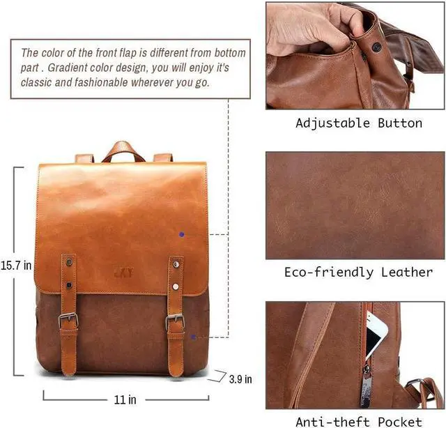 Alt view image 3 of 6 - LXY Vegan Leather Backpack Vintage Laptop Bookbag for Women Men, Brown Faux Leather Backpack Purse Bookbag Weekend Travel Daypack